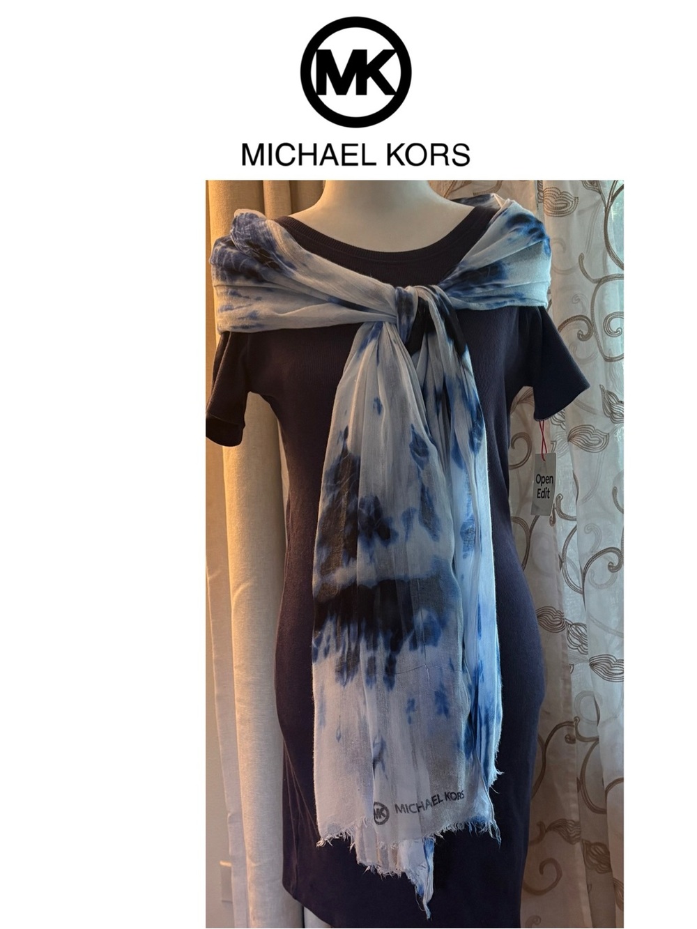 5/$30 Michael Kors Navy Short Sleeve Scarf/Wrap Blue and White Tie-Dye Scarf